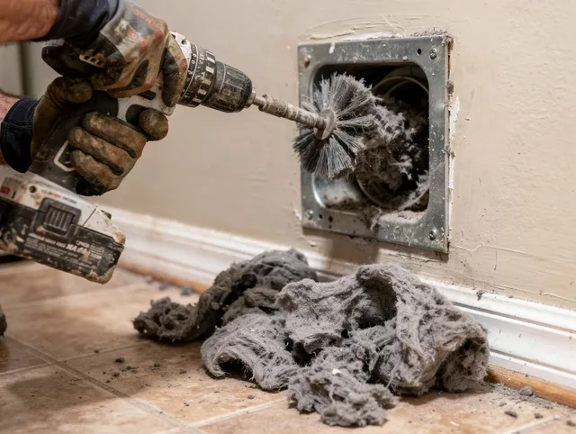 Certified Southington Dryer Vent Cleaning technician performing dryer vent cleaning in Southington