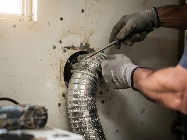 Southington Dryer Vent Cleaning technician performing precise dryer vent hose installation in Southington